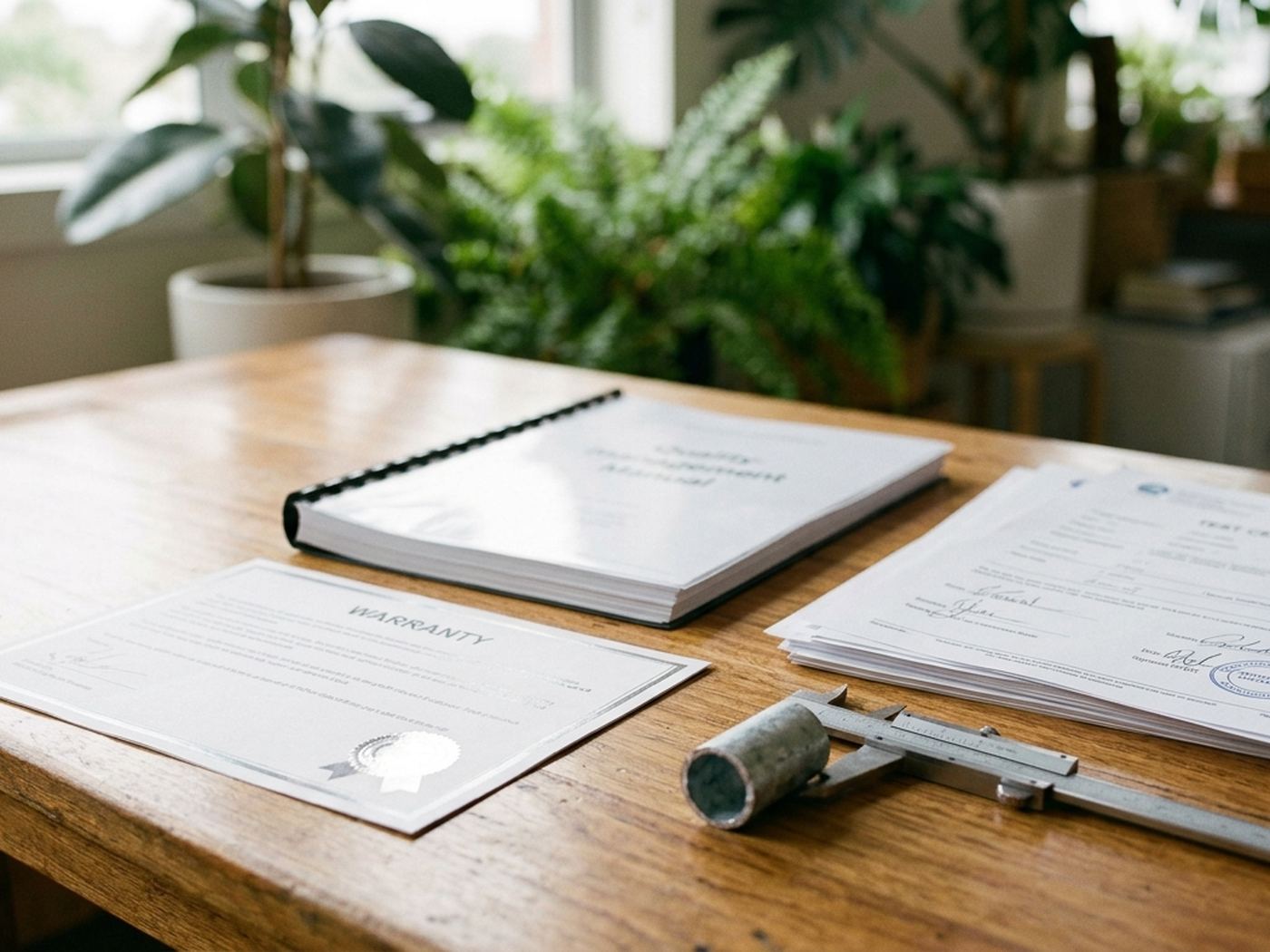 A quality manual, test certificates and a warranty document on a supplier's desk